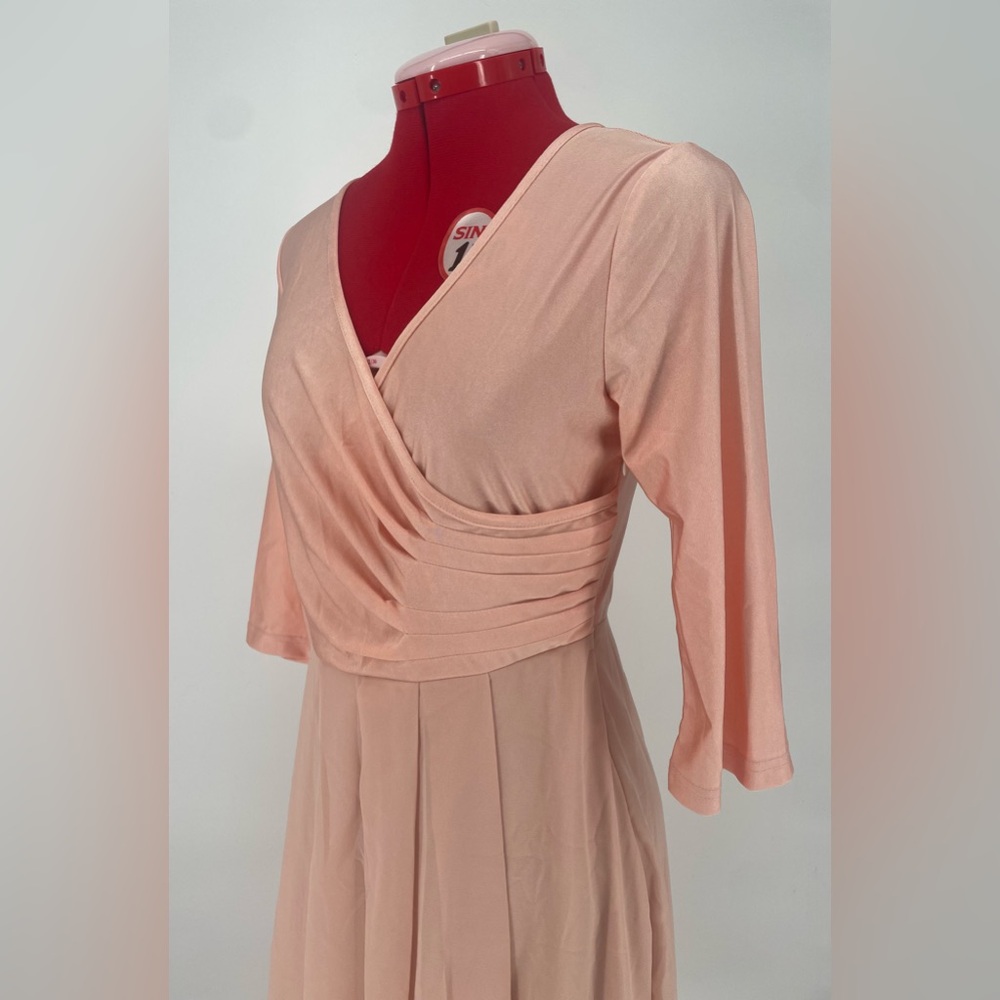 2FOR$30 Adorable Peach Nude Faux Wrap 3/4 Sleeve Midi Dress - Picture 3 of 13